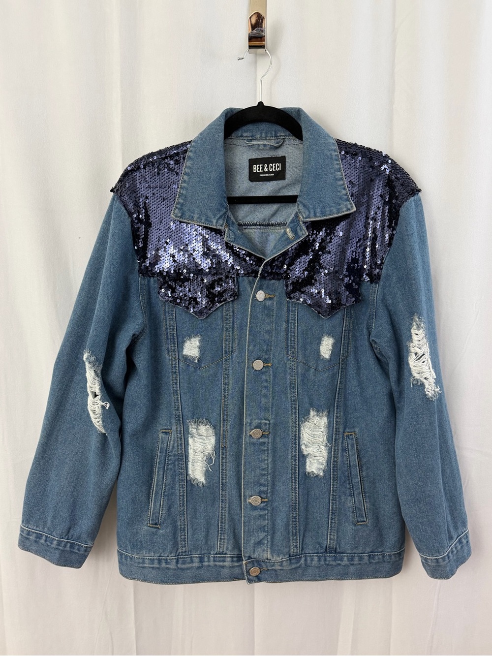 Bee & Ceci Blue Sequin Distressed Denim Jean Jacket Womens Size Large